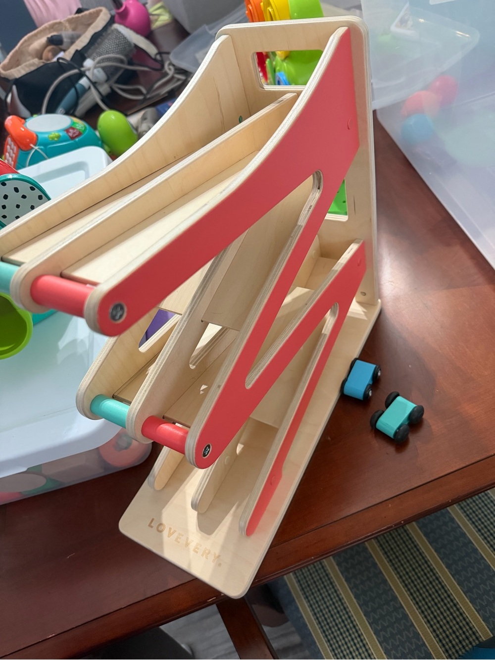 Lovevery Kids Wooden Car Ramp Toy - Turquoise & Red - Picture 2 of 2
